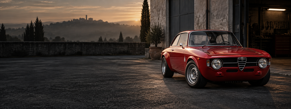 Roter klassischer Alfa Romeo – Ersatzteile und Eigenentwicklungen von Alfamaster